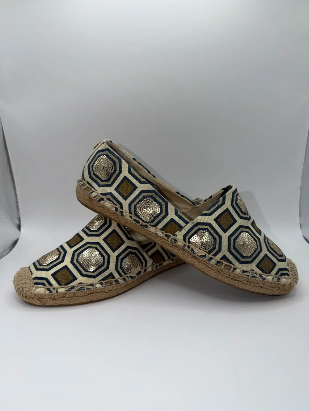 Tory Burch Navy, Gold, and Cream Geometric Espadrille Flats